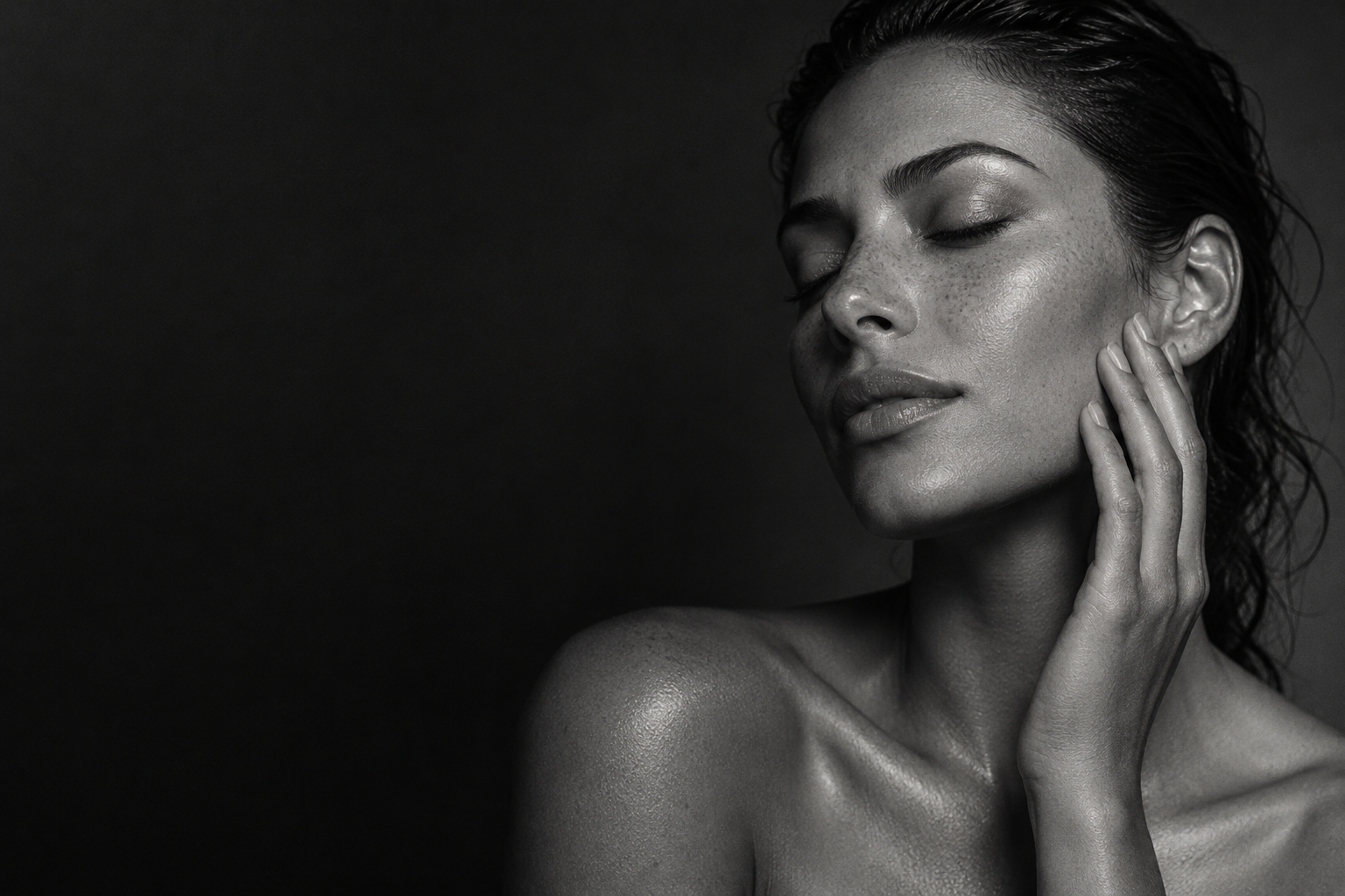 Retrato editorial en blanco y negro de una mujer que toca suavemente su rostro